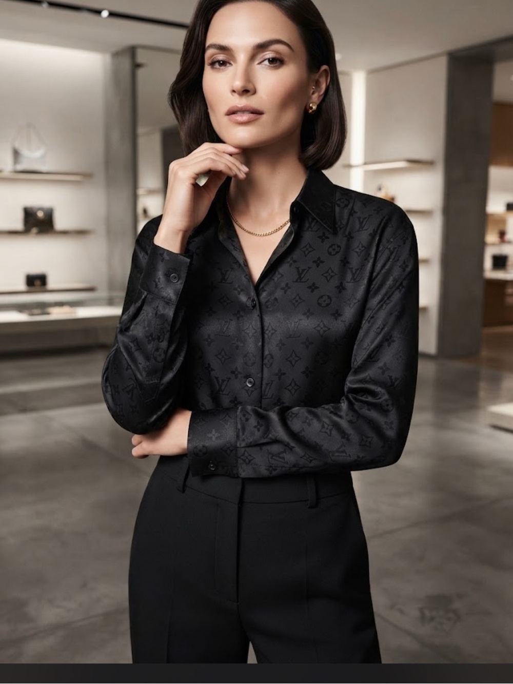 Brand New Fashion top Black Monogram Satin Button-Up Shirt